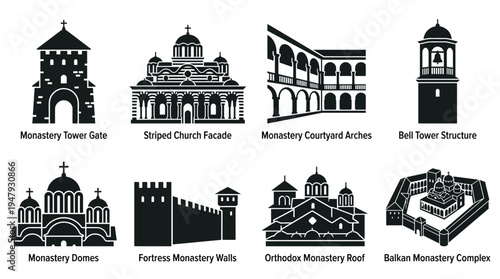 Prague Landmarks Vector Icon Set – Czech Republic Cityscape Vectors Featuring Powder Tower, St. Nicholas Church, Charles Bridge, Old Town Hall, Prague Castle, and Strahov Monastery