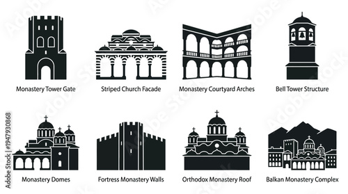 Prague Landmarks Vector Icon Set – Czech Republic Cityscape Vectors Featuring Powder Tower, St. Nicholas Church, Charles Bridge, Old Town Hall, Prague Castle, and Strahov Monastery