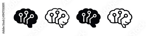 Artificial Intelligence Brain with Circuit Board Icons Set, Digital Mind and Neural Network Symbols