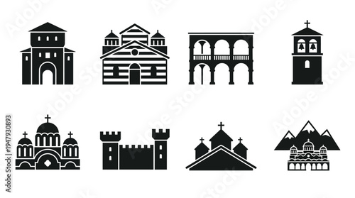 Balkan Monastery Landmarks Vector Icon Set – Southeastern Europe Vectors Featuring Tower Gate, Striped Facade, Courtyard Arches, Bell Tower, Fortress Walls, Domes, Roofs, and Complex Layouts