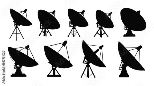 A group of satellite dishes in various orientations