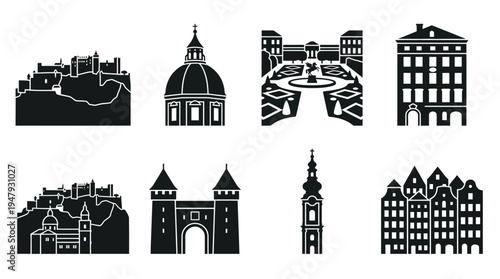 Salzburg Landmarks Vector Icon Set – Austria Cityscape Vectors Featuring Hohensalzburg Fortress, Salzburg Cathedral, Mirabell Palace, Old Town Houses, City Gate, Church Tower, and Historic Squares