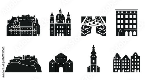 Salzburg Landmarks Vector Icon Set – Austria Cityscape Vectors Featuring Hohensalzburg Fortress, Salzburg Cathedral, Mirabell Palace, Old Town Houses, City Gate, Church Tower, and Historic Squares
