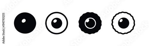 Stylized Eye or Fried Egg Icon Set in Solid and Outline Variations with Smooth and Rough Edges