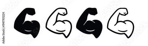 Flexed Biceps Muscle Arm Icon Set in Solid and Outline Styles with Smooth and Rough Versions
