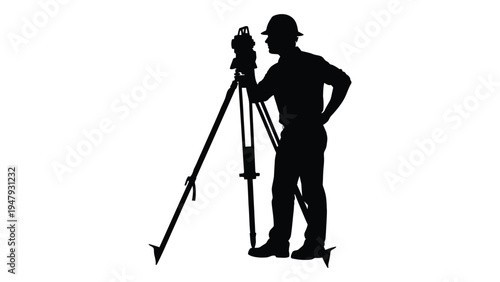A man in a hard hat stands next to a surveying telescope on a tripod