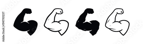Strong Arm Bicep Flex Muscle Icons Set. Bodybuilding and Fitness Power Symbol Collection.