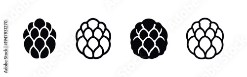 Detailed Hops or Pine Cone Icons. Natural Botanical Elements and Brewing Ingredient Vector Set.