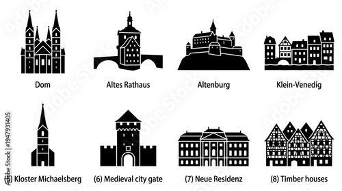 Bamberg Landmarks Vector Icon Set – Germany Cityscape Vectors Featuring Bamberg Cathedral, Altes Rathaus, Altenburg Castle, Klein-Venedig, Kloster Michaelsberg, Medieval Gate, Neue Residenz, and Timbe