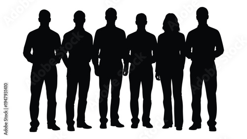 Five people standing in a row