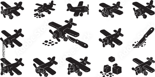 Black Silhouette Airplanes Dropping Bombs on White Background Illustration