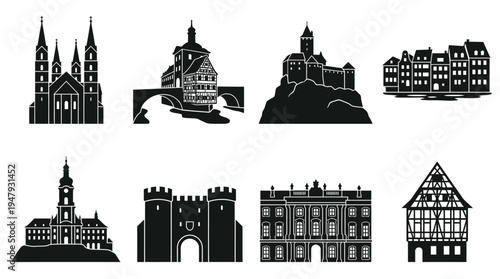 Bamberg Landmarks Vector Icon Set – Germany Cityscape Vectors Featuring Bamberg Cathedral, Altes Rathaus, Altenburg Castle, Klein-Venedig, Kloster Michaelsberg, Medieval Gate, Neue Residenz, and Timbe