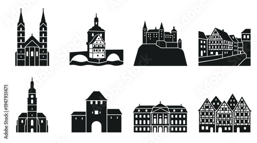 Bamberg Landmarks Vector Icon Set – Germany Cityscape Vectors Featuring Bamberg Cathedral, Altes Rathaus, Altenburg Castle, Klein-Venedig, Kloster Michaelsberg, Medieval Gate, Neue Residenz, and Timbe