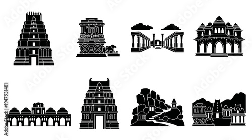 South Indian Temple Landmarks Vector Icon Set – India Architecture Vectors Featuring Gopuram Towers, Mandapas, Sacred Shrines, Rock-Cut Temples, Ornate Pillars, and Monumental Entrances