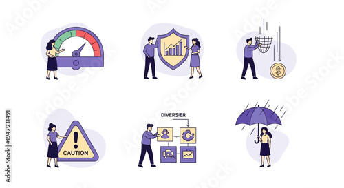 Six financial risk management icons arranged in two rows on a white background