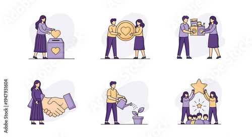 Six flat illustrations depicting charity giving support and growth actions