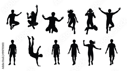 A group of people in various poses