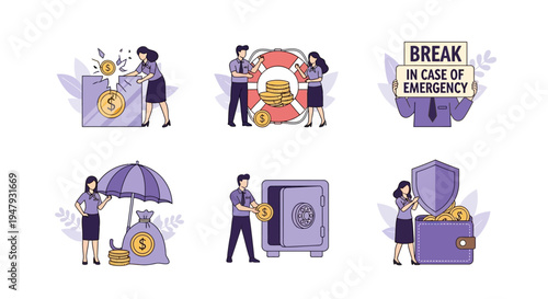 Six flatstyle icons depicting financial concepts like saving insurance and emergency funds