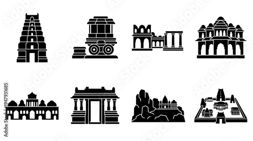 South Indian Temple Landmarks Vector Icon Set – India Architecture Vectors Featuring Gopuram Towers, Mandapas, Sacred Shrines, Rock-Cut Temples, Ornate Pillars, and Monumental Entrances