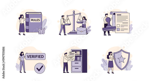 Six flatstyle illustrations related to law rules verification and security