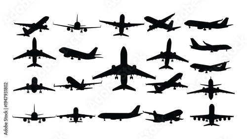 Collection of various airplanes in different flying positions