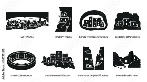 Mesa Verde Cliff Dwellings Vector Icon Set – Ancient Puebloan Vectors Featuring Cliff Palace, Balcony House, Spruce Tree House, Kiva, Sandstone Dwellings, and Canyon Settlements