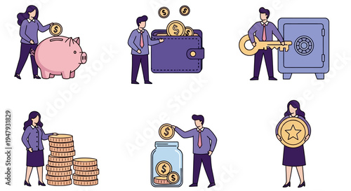Six icons illustrating saving money piggy bank wallet safe coins jar large coin
