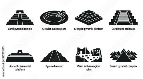 Caral Archaeological Site Vector Icon Set – Ancient Peru Vectors Featuring Pyramid Temple, Sunken Plaza, Stepped Platforms, Stone Staircase, Mound Silhouette, and Desert Complex Ruins