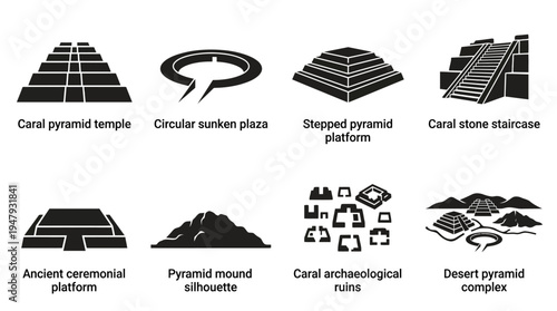 Caral Archaeological Site Vector Icon Set – Ancient Peru Vectors Featuring Pyramid Temple, Sunken Plaza, Stepped Platforms, Stone Staircase, Mound Silhouette, and Desert Complex Ruins