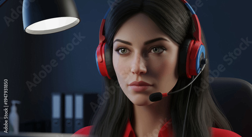A focused young woman wearing a gaming headset with a microphone, intently engaged in an online conversation or virtual activity in a dimly lit setting.
