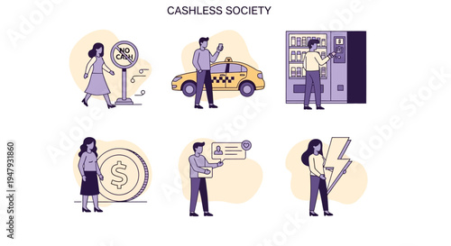 Six illustrations depicting cashless society concepts including signs payment and digital interaction