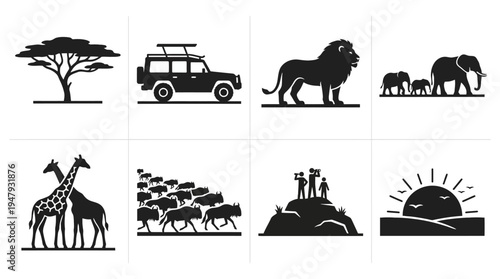 African Safari Vector Icon Set – Wildlife Silhouettes Featuring Acacia Trees, Safari Jeep, Lion, Elephant Herd, Giraffe, Wildebeest Migration, Lookout Hill, and Sunset Landscape