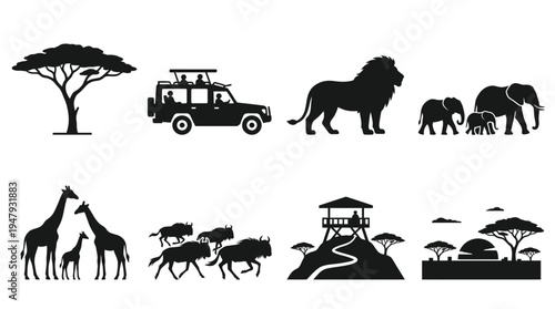 African Safari Vector Icon Set – Wildlife Silhouettes Featuring Acacia Trees, Safari Jeep, Lion, Elephant Herd, Giraffe, Wildebeest Migration, Lookout Hill, and Sunset Landscape