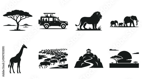 African Safari Vector Icon Set – Wildlife Silhouettes Featuring Acacia Trees, Safari Jeep, Lion, Elephant Herd, Giraffe, Wildebeest Migration, Lookout Hill, and Sunset Landscape