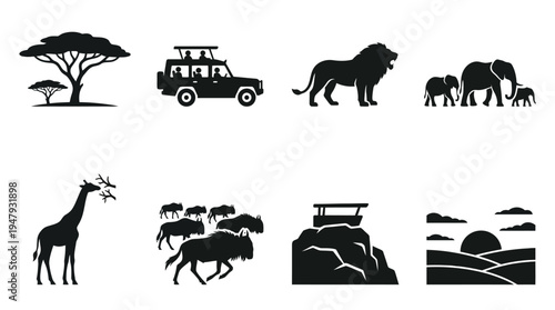 African Safari Vector Icon Set – Wildlife Silhouettes Featuring Acacia Trees, Safari Jeep, Lion, Elephant Herd, Giraffe, Wildebeest Migration, Lookout Hill, and Sunset Landscape