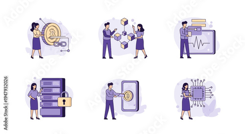 Six isometric icons illustrating blockchain cryptocurrency data security and processing