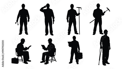 A set of silhouettes of a man in various poses and occupations