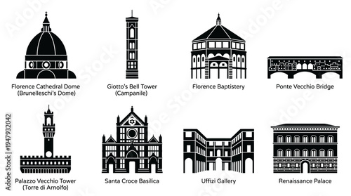 Florence Landmarks Vector Icon Set – Italy Cityscape Vectors Featuring Duomo Dome, Giotto’s Campanile, Baptistery, Ponte Vecchio, Palazzo Vecchio, Uffizi Gallery, and Santa Croce Basilica