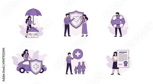 Six minimalist icons illustrating various types of insurance and protection concepts