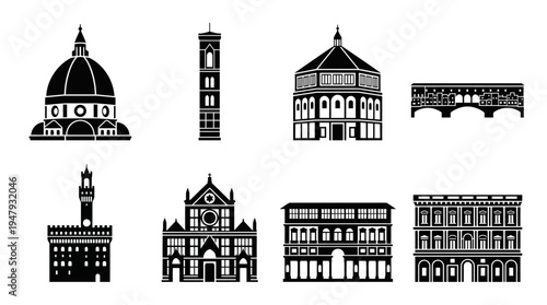 Florence Landmarks Vector Icon Set – Italy Cityscape Vectors Featuring Duomo Dome, Giotto’s Campanile, Baptistery, Ponte Vecchio, Palazzo Vecchio, Uffizi Gallery, and Santa Croce Basilica
