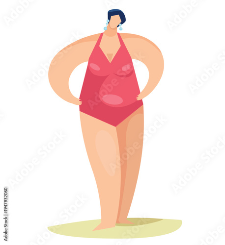 Plus size woman in red swimsuit standing on beach, body positive concept.