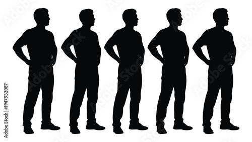 Five men standing in a row with hands on hips