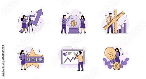 Six vector icons depicting business concepts foresight prediction measurement future analysis and ideas