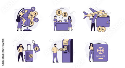 Six purple and yellow line icons depicting global finance and travel concepts