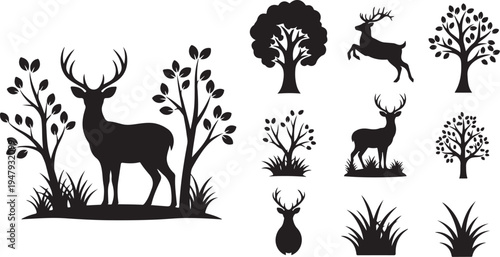 Deer Silhouettes in Forest Landscape with Trees and Grass