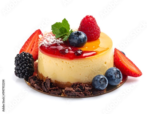 Creamy, round cheesecake with assorted fresh berries and mint, sitting on a gold circular tray