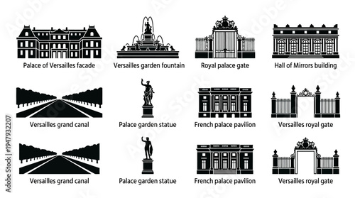 Palace of Versailles Vector Icon Set – French Royal Architecture Vectors Featuring Grand Canal, Garden Fountain, Royal Gates, Hall of Mirrors, Statues, and Palace Facades