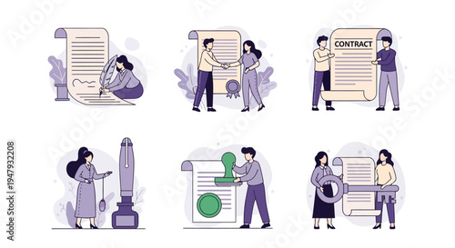 Six vignettes illustrating document signing agreement stamping and contract conclusion