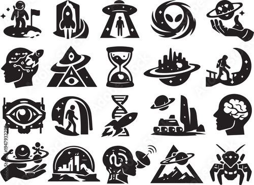 Futuristic galaxy discovery icons featuring black hole, planets, and advanced technology elements.