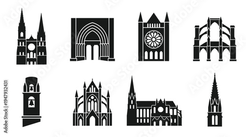 Chartres Cathedral Vector Icon Set – Gothic Architecture Vectors Featuring Twin Towers, Rose Window, Flying Buttresses, Bell Tower, Church Facade, Arch Entrance, and Cathedral Profile
